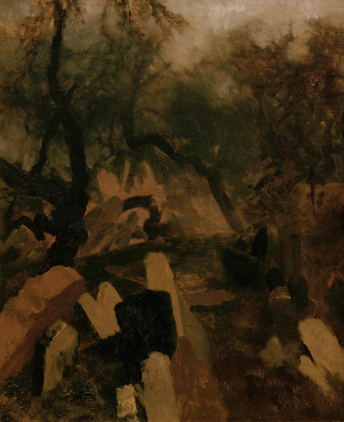 Auf dem Gemälde von Adolph Menzel sind verschwommen Bäume und schräg stehende Grabsteine zu sehen.