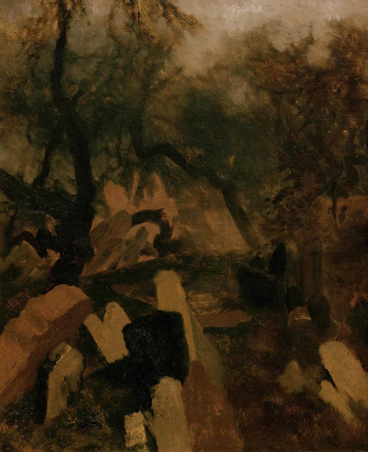 Auf dem Gemälde von Adolph Menzel sind verschwommen Bäume und schräg stehende Grabsteine zu sehen. Auf dem Gemälde von Adolph Menzel sind verschwommen Bäume und schräg stehende Grabsteine zu sehen.