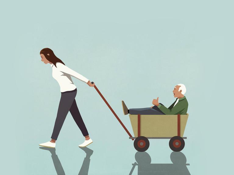 Eine Illustration zeigt eine Frau, die einen älteren Mann in einem Bollerwagen hinter sich herzieht. 