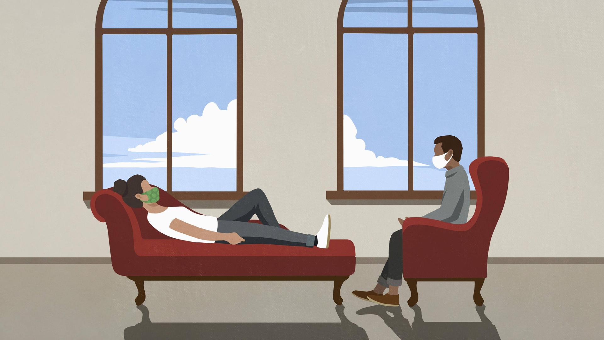 Illustration: Eine Therapeut im Stuhl und eine Patientin liegt auf einem Sofa mit Gesichtsmasken während einer psychologischen Behandlung. Illustration: Eine Therapeut im Stuhl und eine Patientin liegt auf einem Sofa mit Gesichtsmasken während einer psychologischen Behandlung.