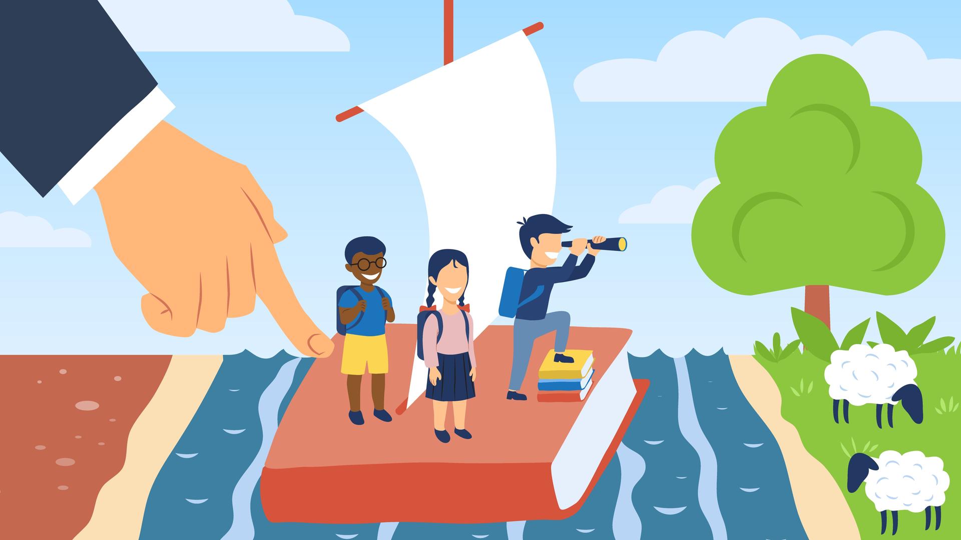 Illustration: Eine Gruppe Kinder steht auf einem Floß aus einem Buch. Eine große Erwachsenenhand tippt es an. Illustration: Eine Gruppe Kinder steht auf einem Floß aus einem Buch. Eine große Erwachsenenhand tippt es an.