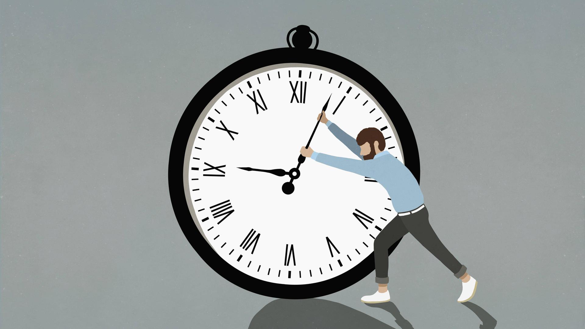 Illustration eines Mannes, der sich gegen die Zeiger einer großen Stoppuhr stemmt. Illustration eines Mannes, der sich gegen die Zeiger einer großen Stoppuhr stemmt.