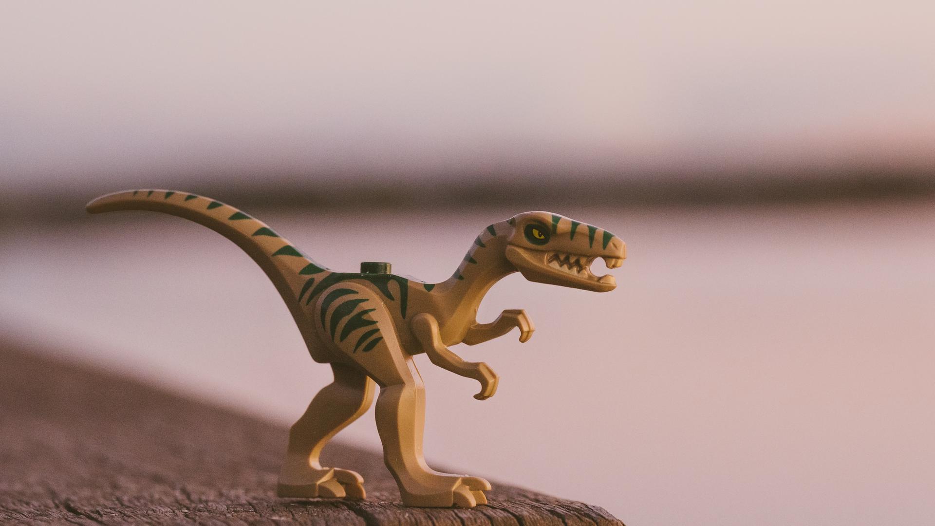 Ein Spielzeugdinosaurier auf hölzernem Untergrund vor unscharfer Kulisse. Ein Spielzeugdinosaurier auf hölzernem Untergrund vor unscharfer Kulisse.