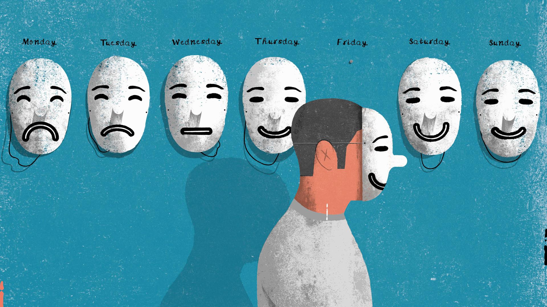 Die Illustration zeigt einen Mann mit einer Emotionsmaske. Er läuft an einer Reihe von Emotionsmasken für jeden Tag der Wochen hinter ihm an der Wand entlang.