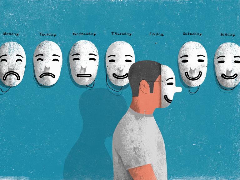 Die Illustration zeigt einen Mann mit einer Emotionsmaske. Er läuft an einer Reihe von Emotionsmasken für jeden Tag der Wochen hinter ihm an der Wand entlang.