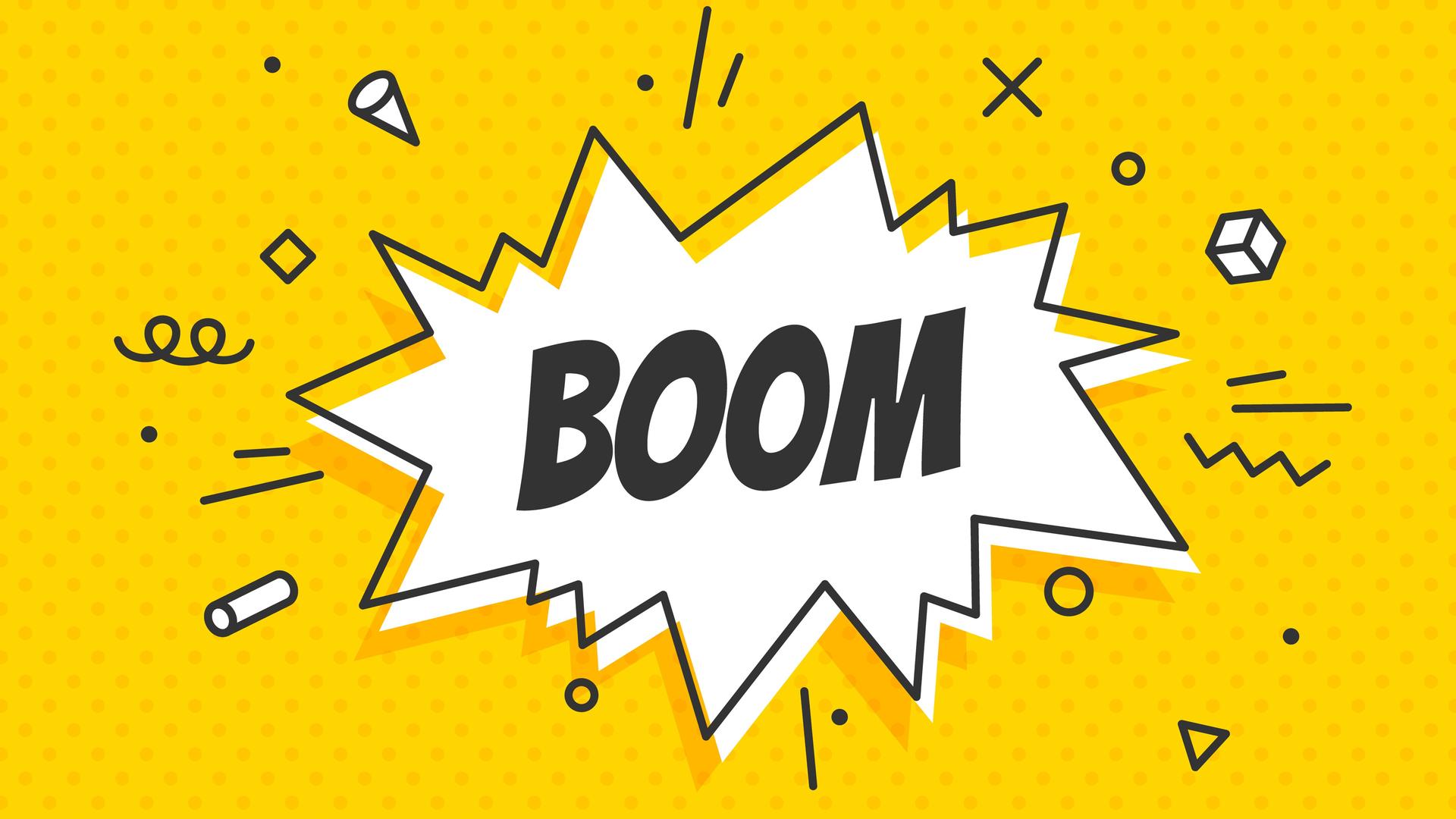 Eine zackige Sprechblase mit der Schrift "Boom" auf gelbem Grund Eine zackige Sprechblase mit der Schrift "Boom" auf gelbem Grund