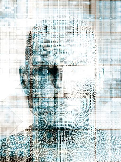 In technoiden Strukturen zeichnet sich ein menschliches Gesicht ab.