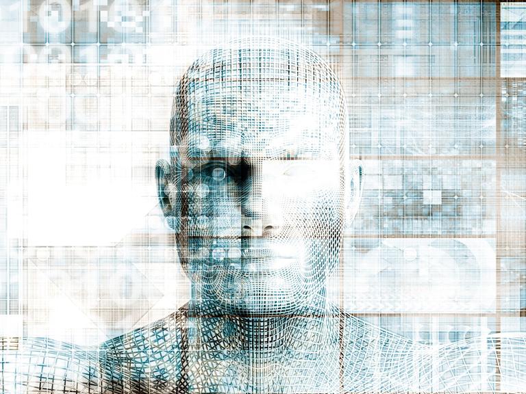 In technoiden Strukturen zeichnet sich ein menschliches Gesicht ab.