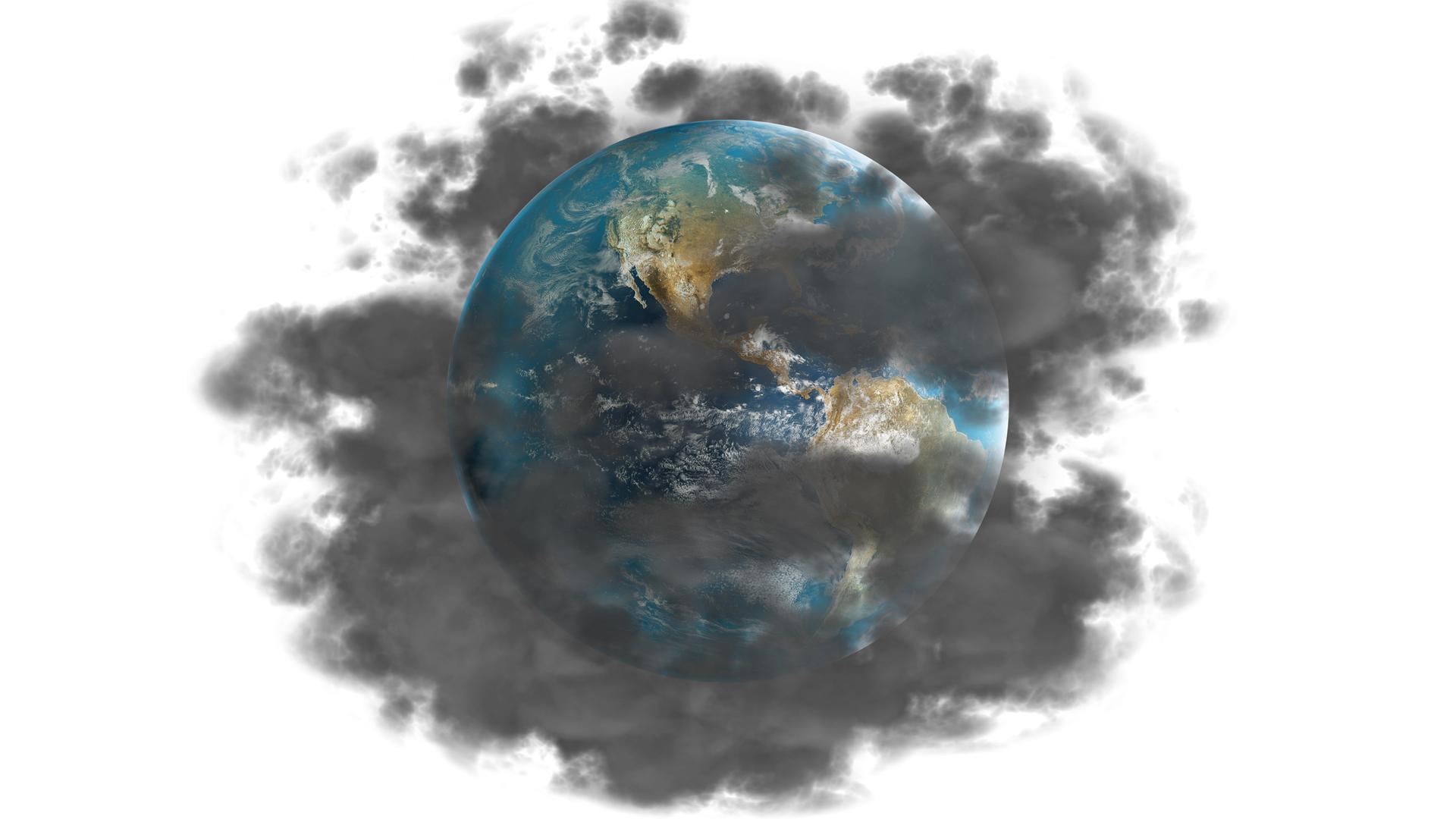 Illustration: Die Erde in eine graue dreckige Wolke eingehüllt.