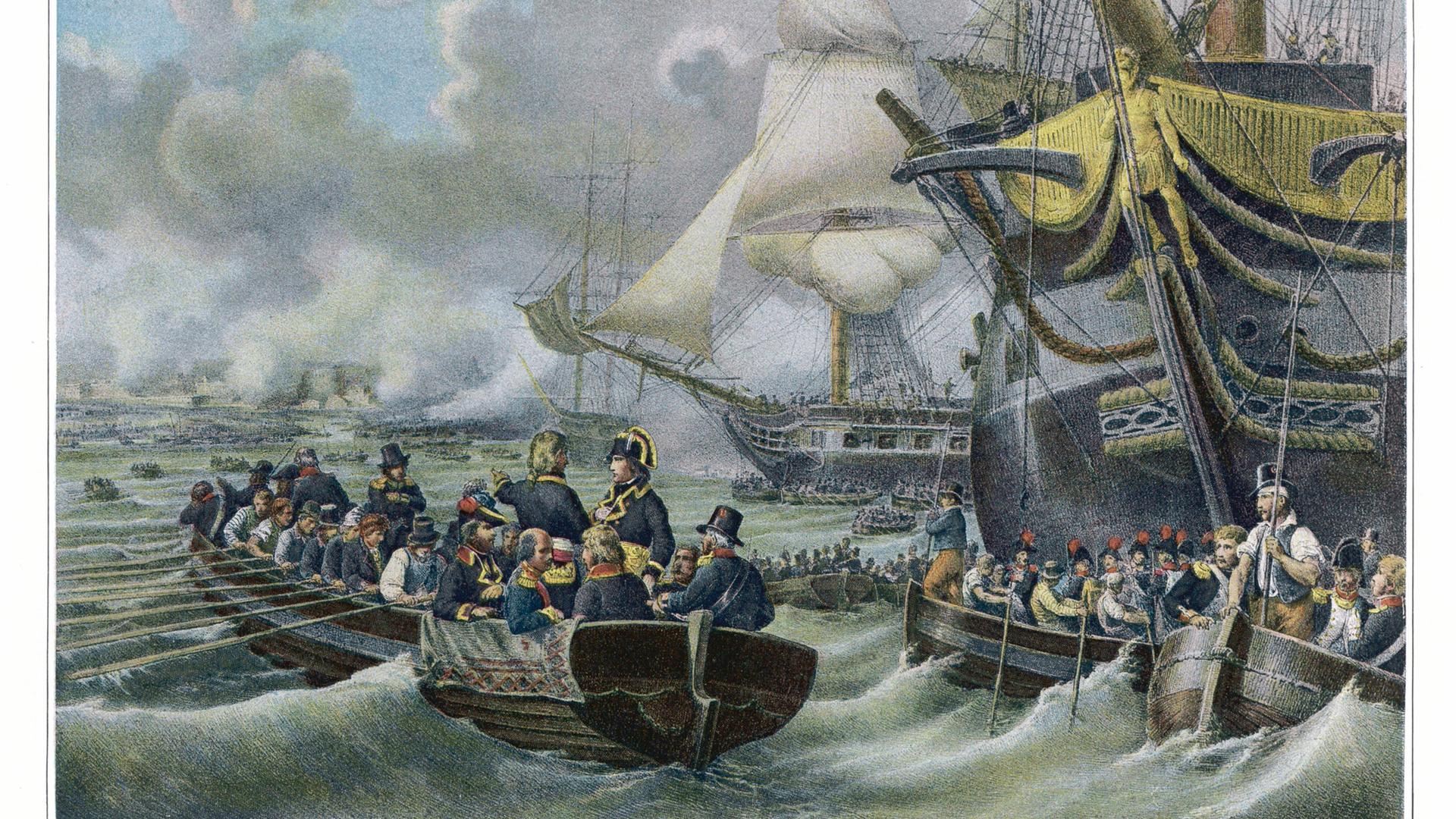 Ein Gemälde zeigt Napoleon Bonaparte am 9. Juni 1798 mit seiner Flotte vor Malta.