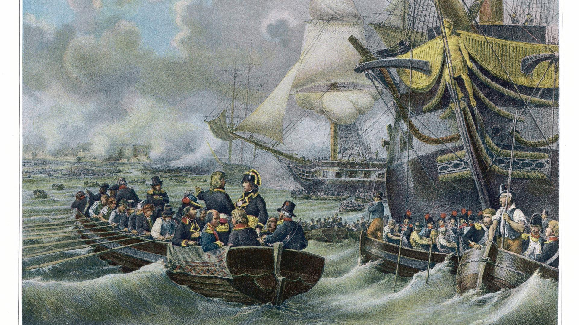 Ein Gemälde zeigt Napoleon Bonaparte am 9. Juni 1798 mit seiner Flotte vor Malta. Ein Gemälde zeigt Napoleon Bonaparte am 9. Juni 1798 mit seiner Flotte vor Malta.