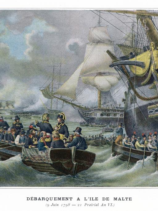 Ein Gemälde zeigt Napoleon Bonaparte am 9. Juni 1798 mit seiner Flotte vor Malta.