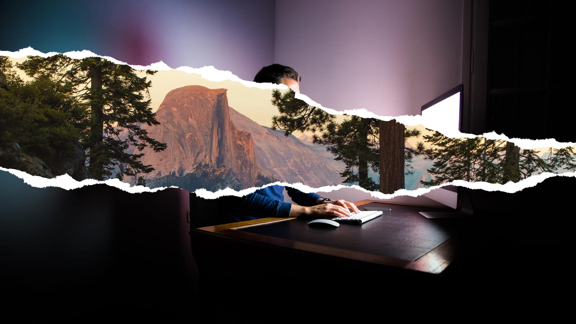 Eine Bildcollage zeigt einen Riss der durch das Bild eines Mannes geht, der vor einem Computer sitzt. In der Rissfläche zeigt sich eine Naturpanorama. Eine Bildcollage zeigt einen Riss der durch das Bild eines Mannes geht, der vor einem Computer sitzt. In der Rissfläche zeigt sich eine Naturpanorama.