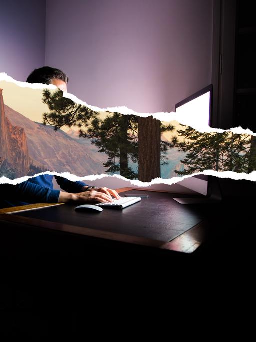 Eine Bildcollage zeigt einen Riss der durch das Bild eines Mannes geht, der vor einem Computer sitzt. In der Rissfläche zeigt sich eine Naturpanorama.