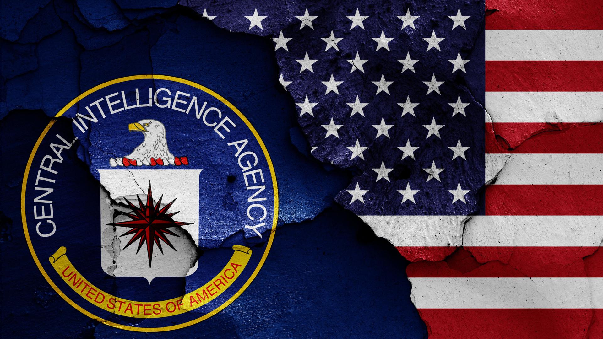 Die Flagge der CIA gemalt auf eine rissige Wand Die Flagge der CIA gemalt auf eine rissige Wand