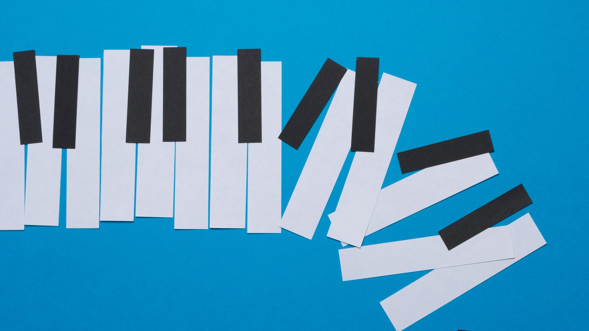 Papiercollage von Klaviertasten die zum rechten Bildrand aus dem Raster springen