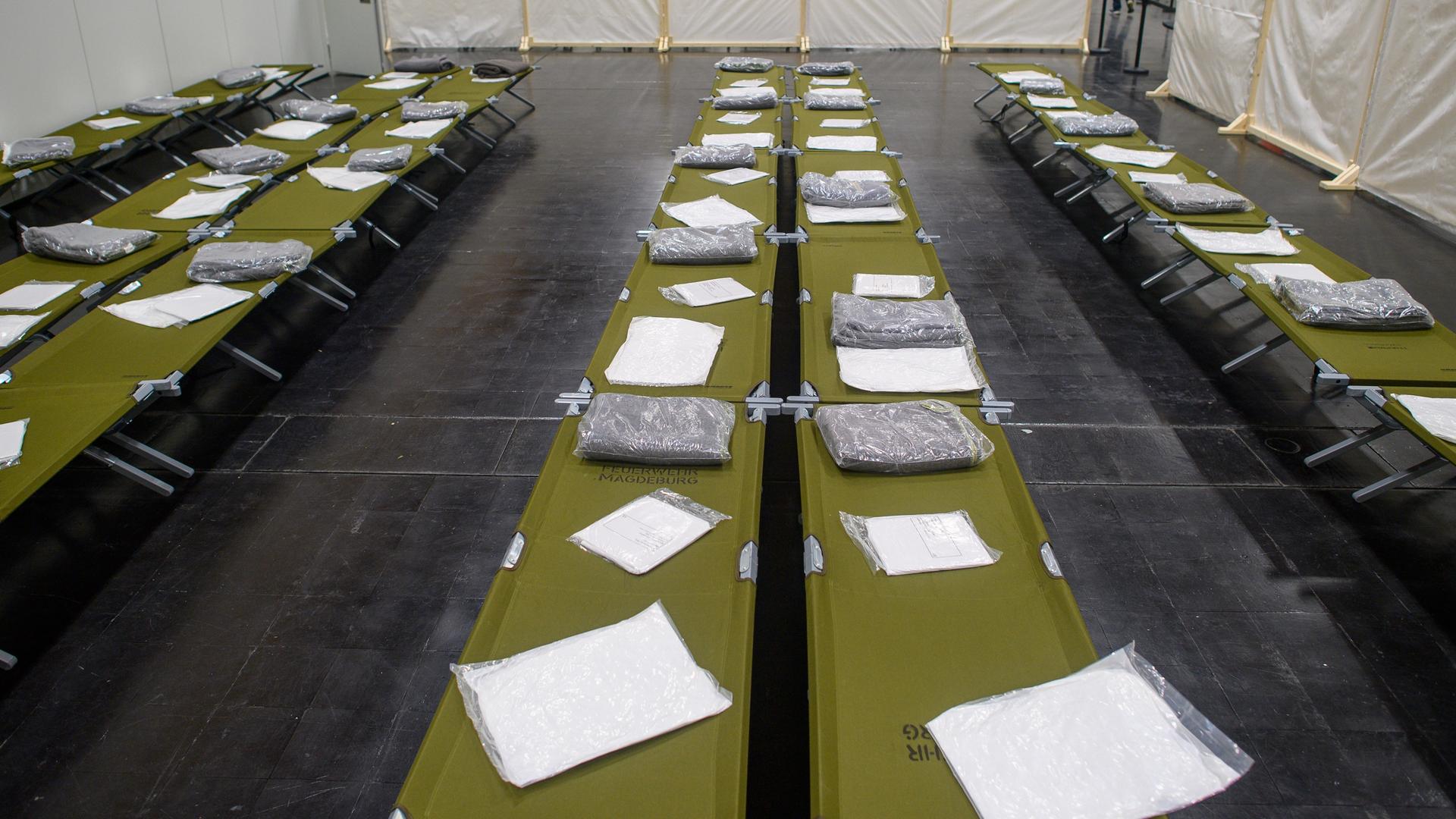 Unbelegte Feldbetten in der Notunterkunft für die Erstaufnahme von Geflüchteten aus der Ukraine. Die Einrichtung der Landeshauptstadt von Sachsen-Anhalt befindet sich in den Hallen der Messe Magdeburg. Unbelegte Feldbetten in der Notunterkunft für die Erstaufnahme von Geflüchteten aus der Ukraine. Die Einrichtung der Landeshauptstadt von Sachsen-Anhalt befindet sich in den Hallen der Messe Magdeburg.