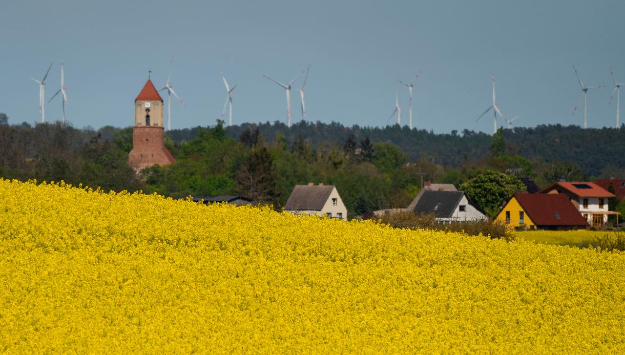 Im Vordergrund ist ein Rapsfeld zu sehen, im Hintergrund ein Dorf. Im Vordergrund ist ein Rapsfeld zu sehen, im Hintergrund ein Dorf.