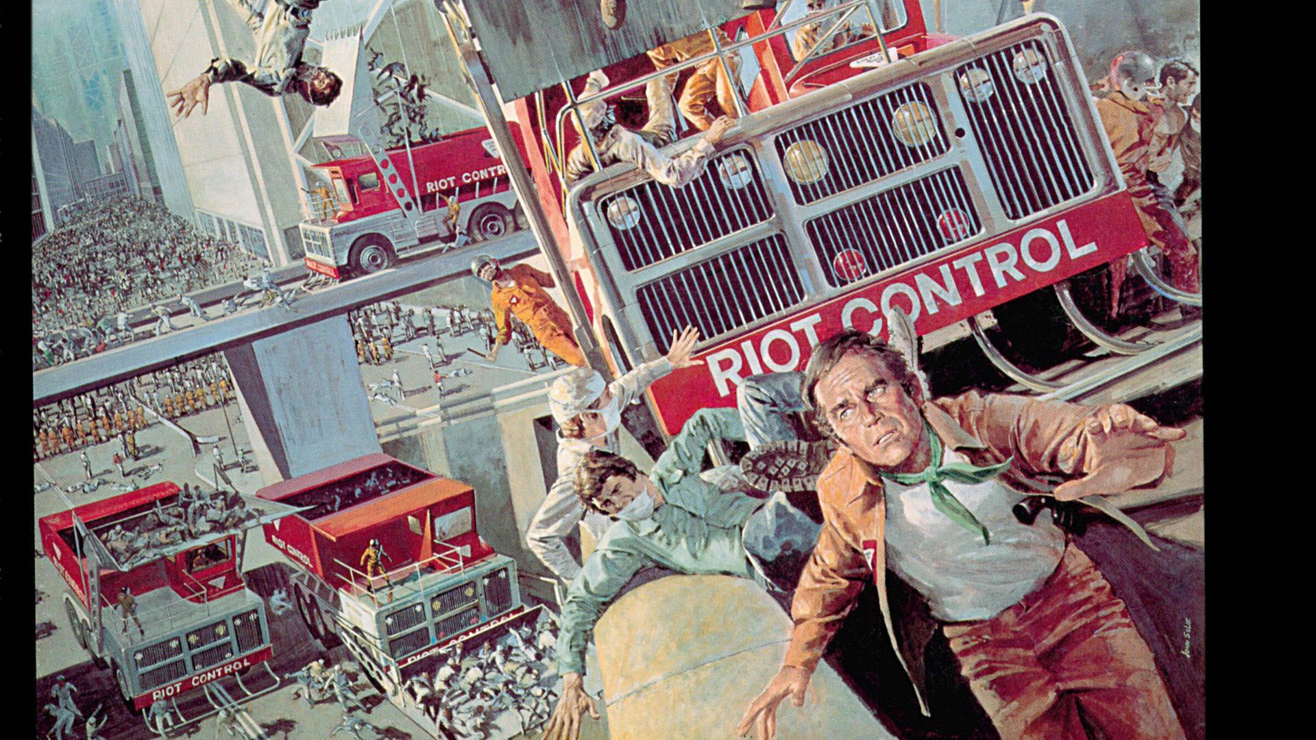 Filmplakat zu "Soylent Green": Menschen fliehen aus einer Stadt im Chaos. Im hintergrund eine Art Fleischwolf, in den Menschenkörper gefüllt werden.