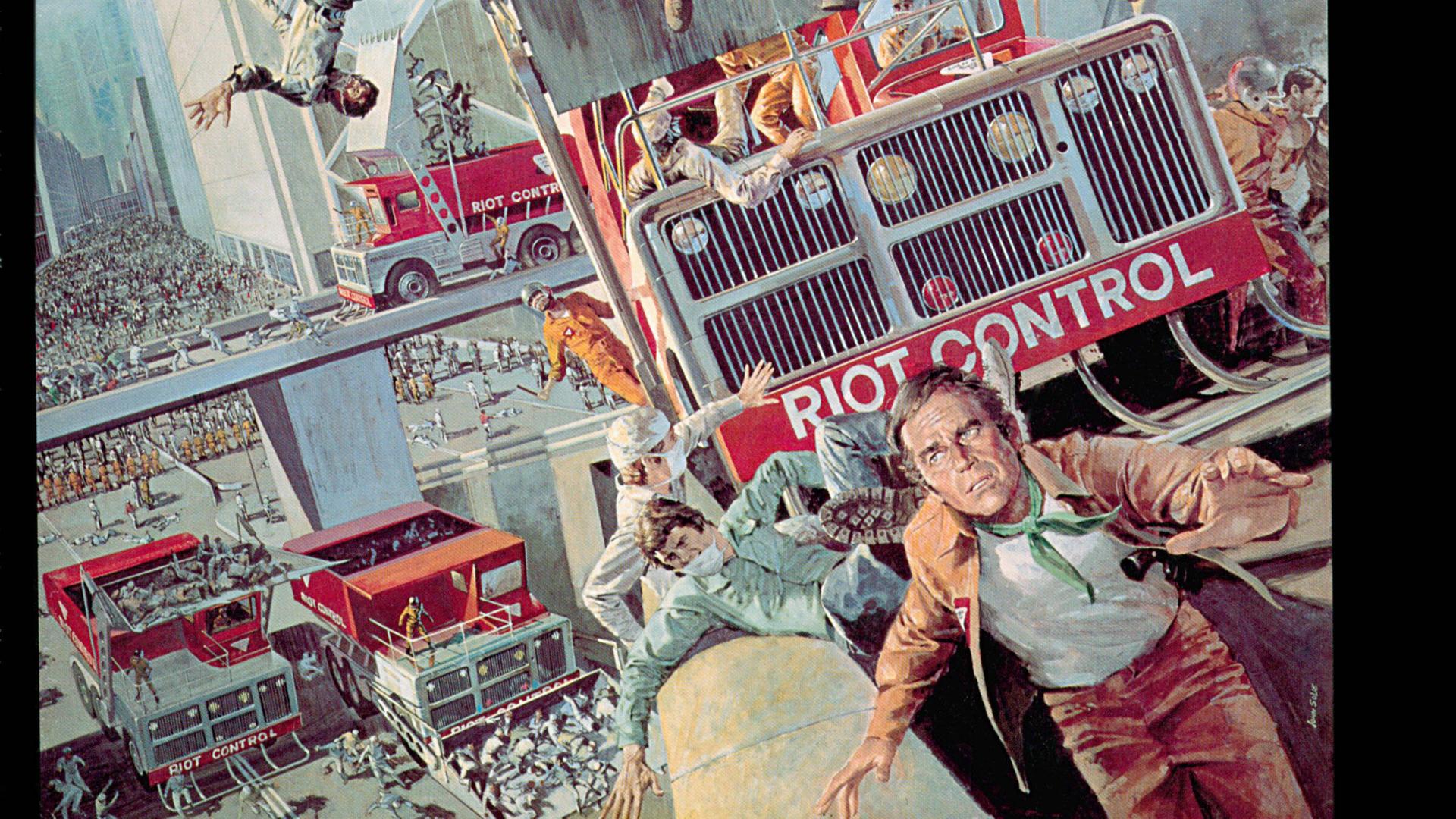 Filmplakat zu "Soylent Green": Menschen fliehen aus einer Stadt im Chaos. Im hintergrund eine Art Fleischwolf, in den Menschenkörper gefüllt werden. Filmplakat zu "Soylent Green": Menschen fliehen aus einer Stadt im Chaos. Im hintergrund eine Art Fleischwolf, in den Menschenkörper gefüllt werden.