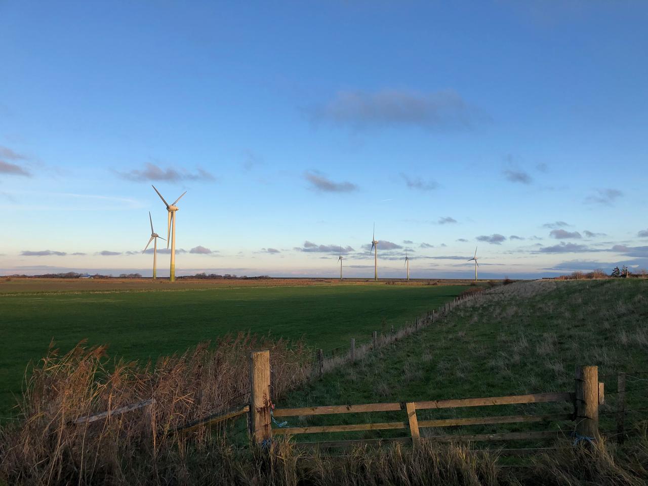 Sechs Windkraftanlagen drehen sich im Nordosten von Pellworm