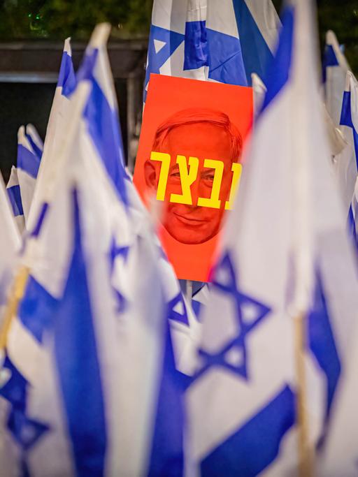 Hunderttausende Menschen demonstrieren im April gegen Netanjahus Pläne zur Reform des Justizwesens. Zwischen blau-weißen Israel-Flaggen ist ein Plakat mit dem Konterfei Netanjahus zu sehen auf dem auf Hebräisch "Unfähigkeit" steht. 