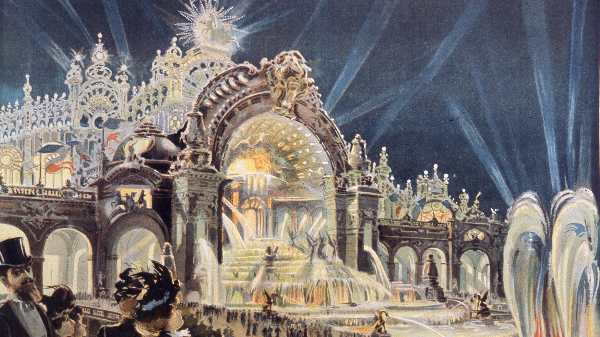 Eine kolorierte Zeichnung vom Palais de l'Electricité auf der Weltausstellung 1900 in Paris. Eine kolorierte Zeichnung vom Palais de l'Electricité auf der Weltausstellung 1900 in Paris.