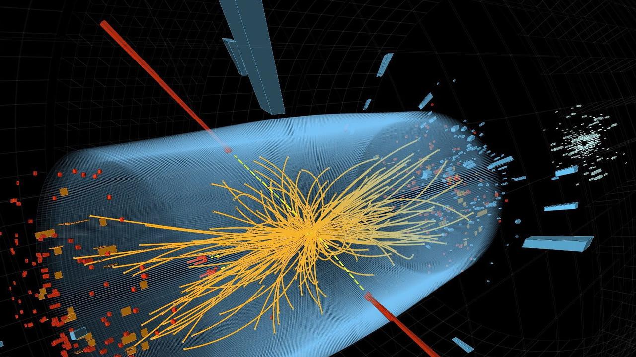 Eine am 4. Juli 2012 vom CERN zur Verfügung gestellte Animation zeigt ein Ereignis einschließlich zweier hochenergetischer Photone, dargestellt durch rote Türme. Die gelben Linien sind die gemessenen Spuren anderer Teilchen. Für die Kernforscher hat sich dabei das Higgs--Boson gezeigt.