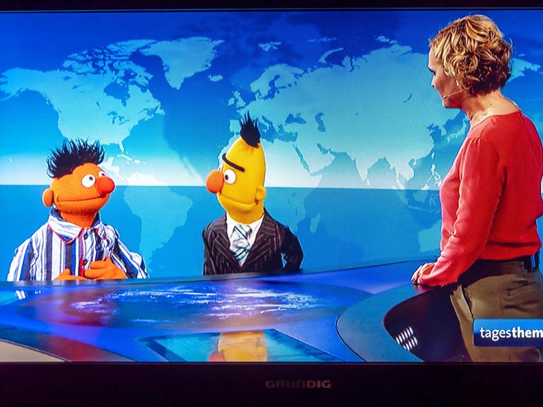 Ernie, Bert und Grobi haben einen großen Auftritt bei den ARD-Tagesthemen mit Moderatorin Caren Miosga.