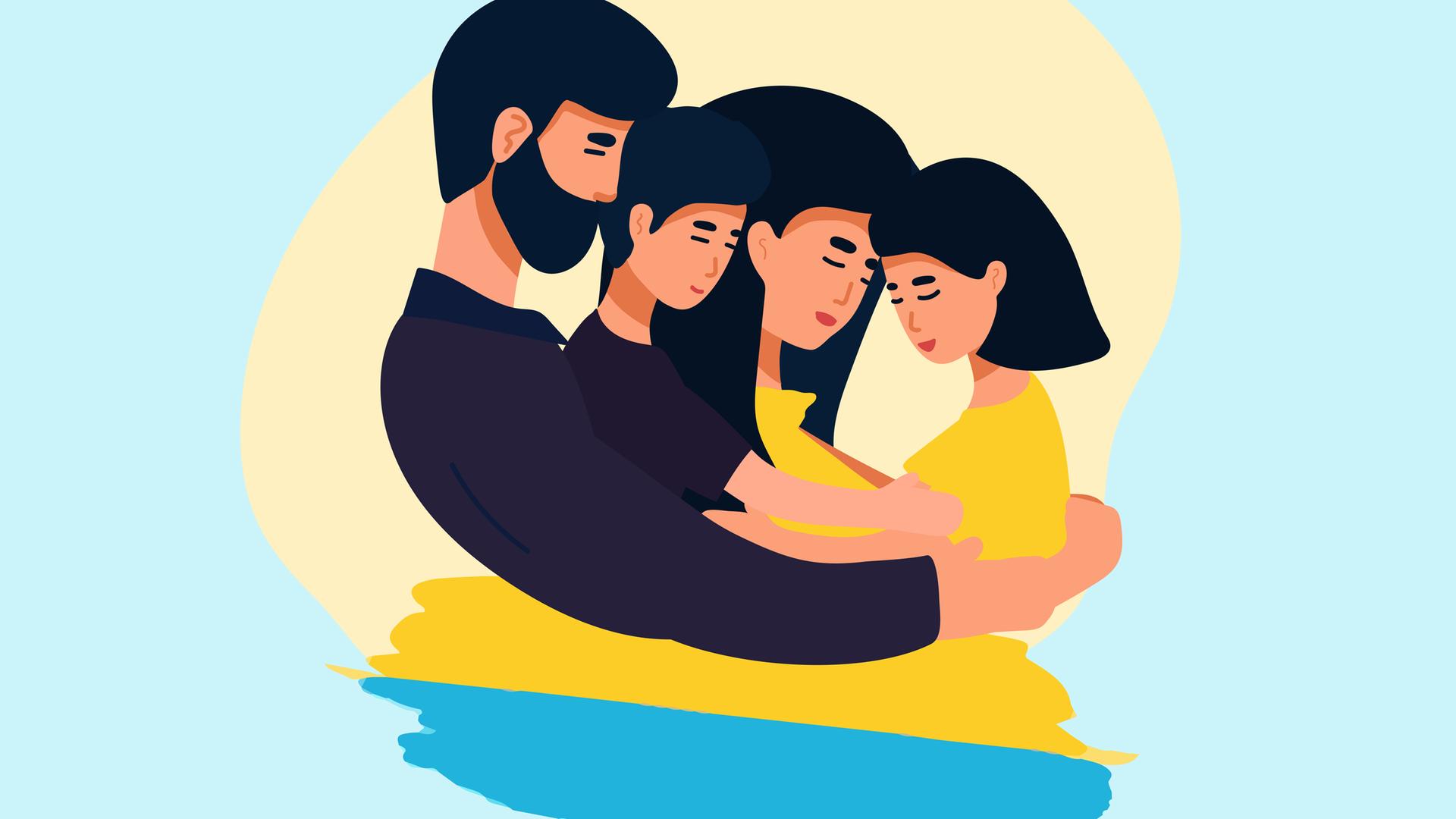 Illustration einer Familie mit zwei Kindern, die aneinander gekuschelt zu sehen sind. Um sie herum sind die Farben der ukrainischen Flagge zu sehen.