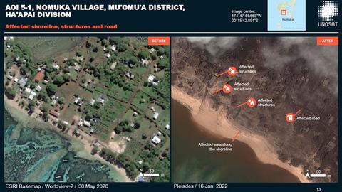 Zwei Bilder nebeneinander. Das linke zeigt das Dorf Ha'apai auf Tonga im Mai 2020, das rechte am 16. Januar nach dem Vulkanausbruch.