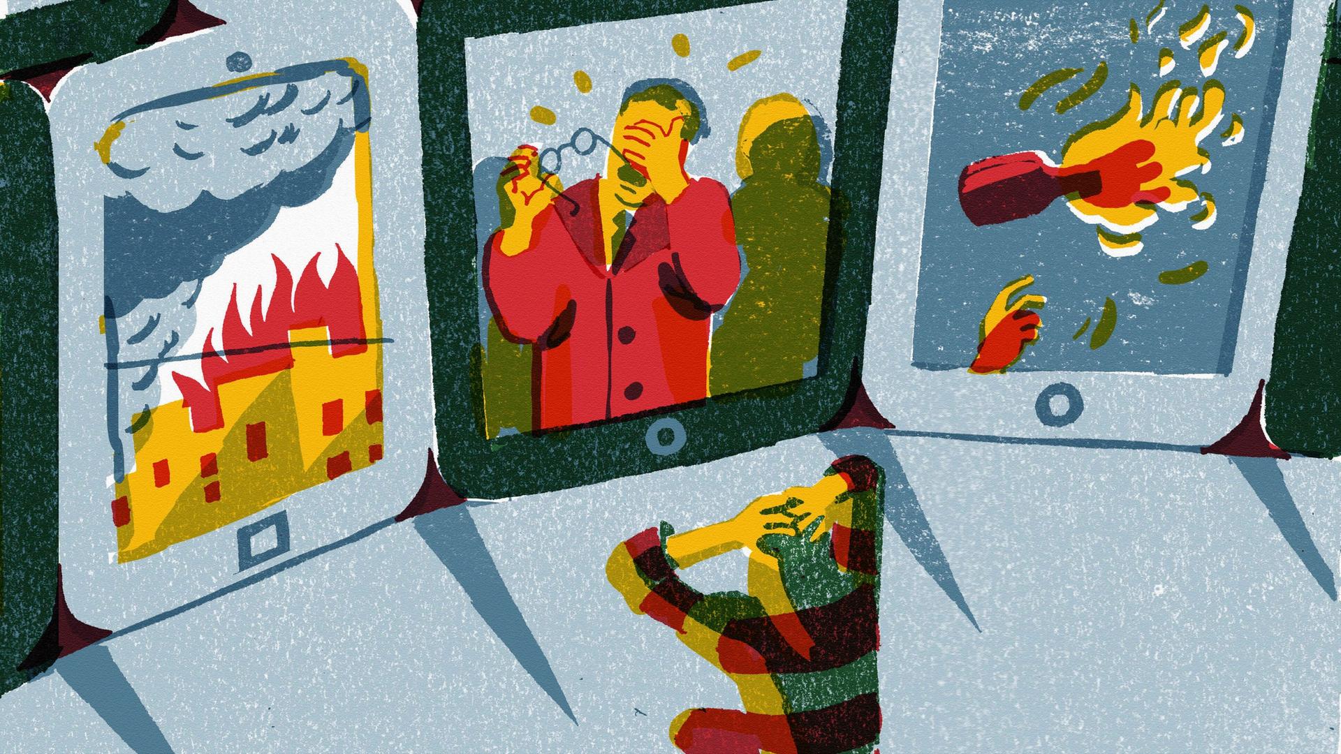 Illustration einer Frau vor unterschiedlichen Tablet Bildschirmen auf denen Nachrichten mit Krieg und Zerstörung gezeigt werden. Illustration einer Frau vor unterschiedlichen Tablet Bildschirmen auf denen Nachrichten mit Krieg und Zerstörung gezeigt werden.