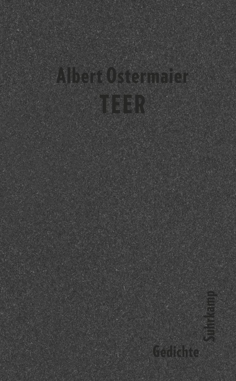 Das Buchcover des Gedichtbands "Teer". In schwarzer Schrift stehen Autor und Titel auf einem dunkelgrauen Hintergrund, vermutlich ein Foto von Teer.