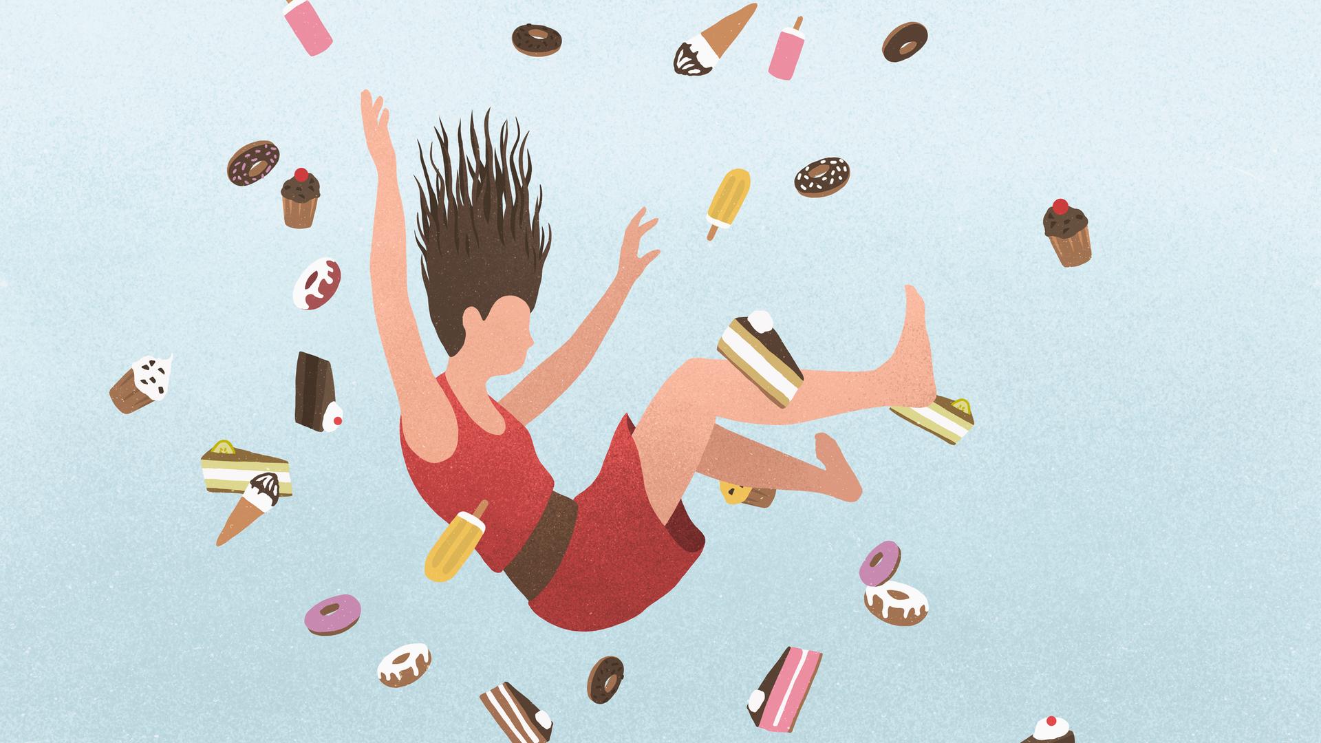 Illustration einer Person in rotem Kleid, die zwischen lauter Süßigkeiten und vor blauem Hintergrund hinunter fällt. Illustration einer Person in rotem Kleid, die zwischen lauter Süßigkeiten und vor blauem Hintergrund hinunter fällt.