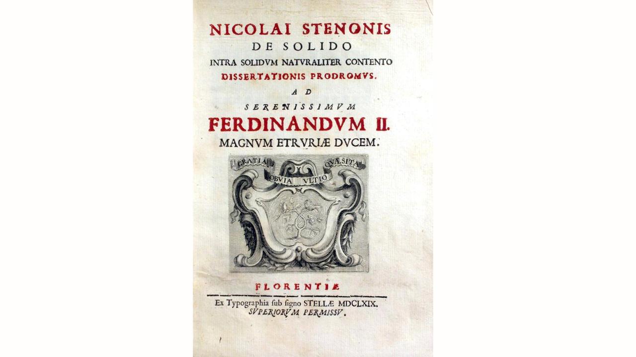Titelblatt von "De solido intra solidum naturaliter contento dissertationis prodromus" (1669) Titelblatt von "De solido intra solidum naturaliter contento dissertationis prodromus" (1669)