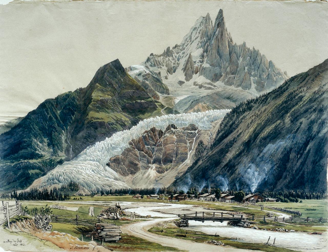 Ein Aquarell des Künstlers Samuel Birmann. Zu sehen ist ein Gletscher im Hinter-, ein Dorf im Vordergrund.