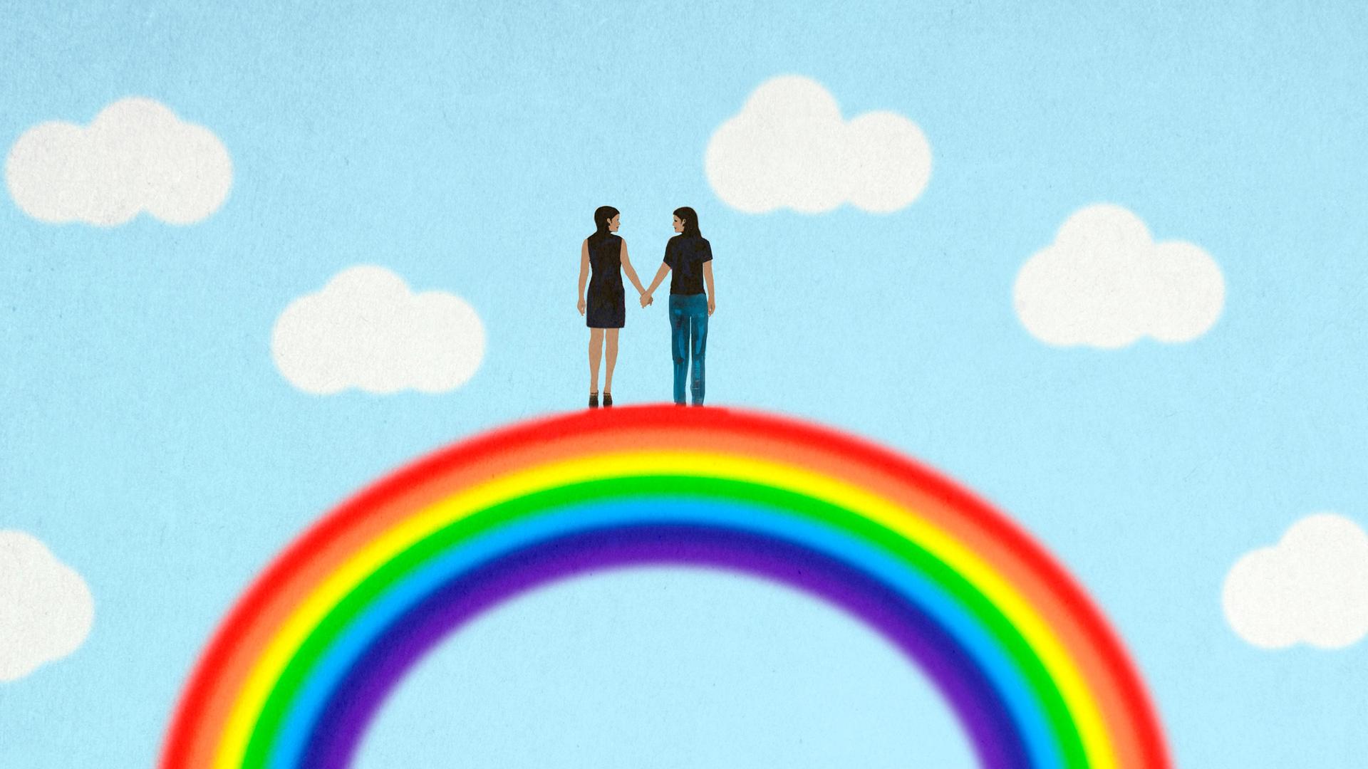 Illustration: Zwei weiblich gelesene Personen stehen einander an den Händen haltend auf einem Regenbogen. Illustration: Zwei weiblich gelesene Personen stehen einander an den Händen haltend auf einem Regenbogen.