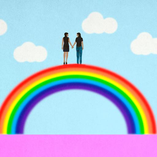 Illustration: Zwei weiblich gelesene Personen stehen einander an den Händen haltend auf einem Regenbogen.