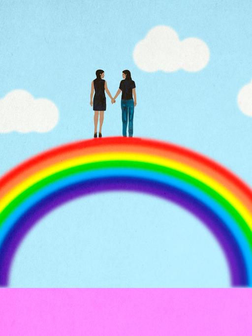 Illustration: Zwei weiblich gelesene Personen stehen einander an den Händen haltend auf einem Regenbogen.