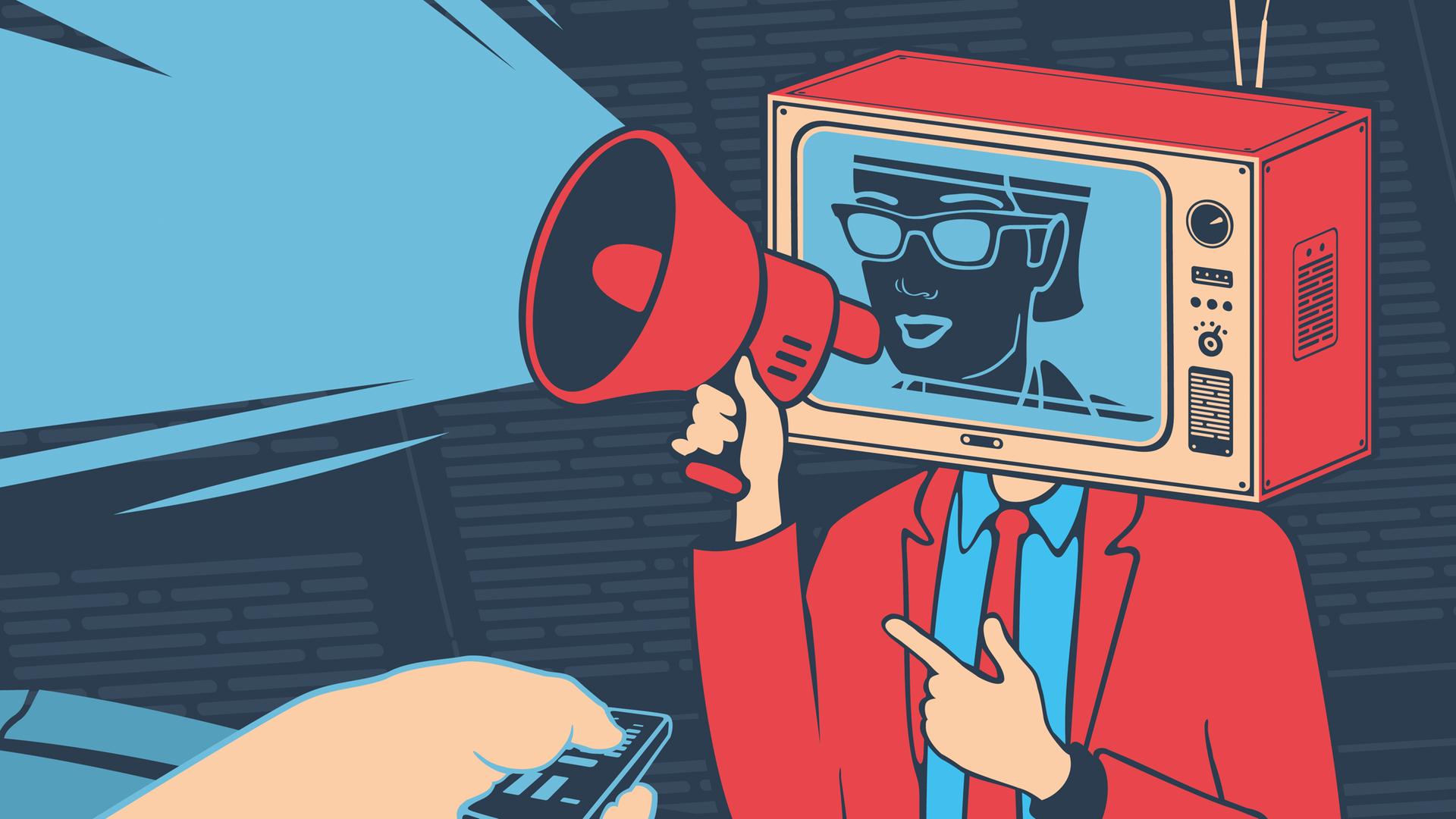 Illustration einer Person mit einem Röhrenfernseher als Kopf und einem Megafon in der Hand. Am rechten Bildrand ist eine Hand mit Fernbedienung zu sehen. Illustration einer Person mit einem Röhrenfernseher als Kopf und einem Megafon in der Hand. Am rechten Bildrand ist eine Hand mit Fernbedienung zu sehen.