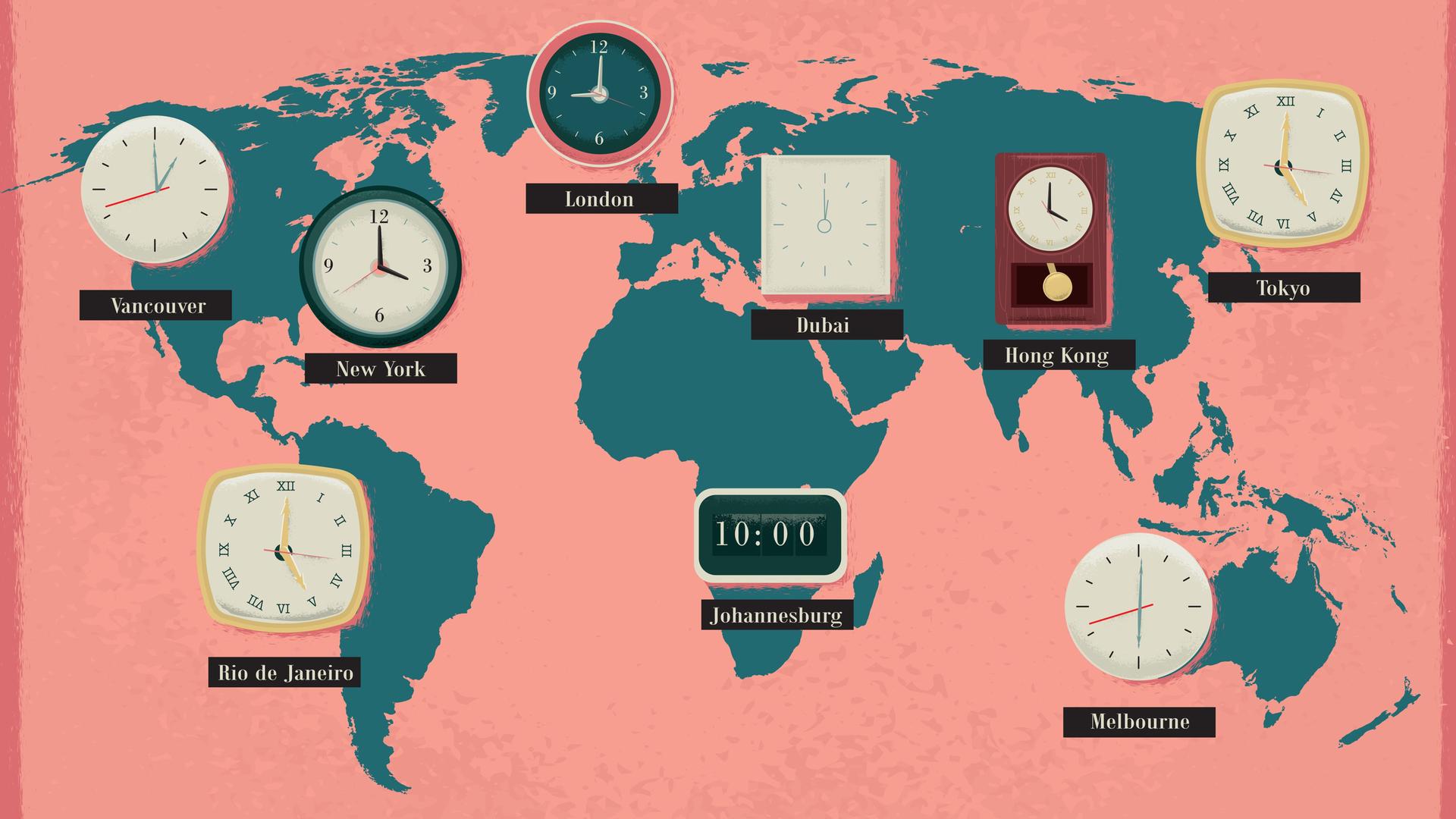 Weltkarte mit verschiedenförmigen Uhren, die verschiedene Zeitzonen anzeigen.