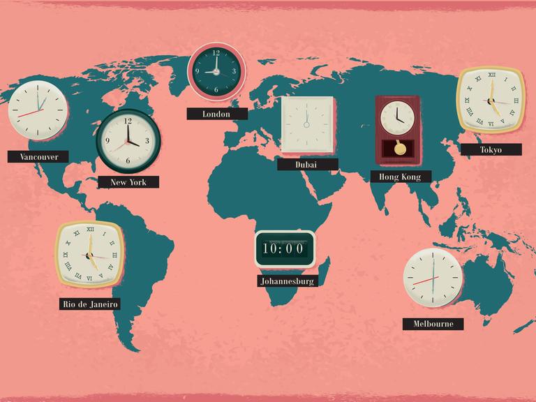 Weltkarte mit verschiedenförmigen Uhren, die verschiedene Zeitzonen anzeigen.