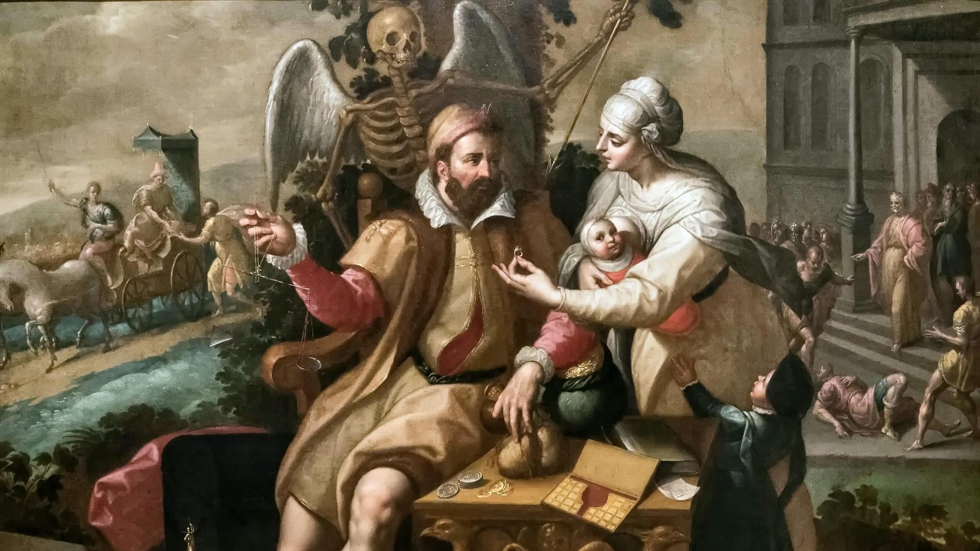 Das Gemälde "Die sieben Todsünden: Gier" zeigt einen prächtig gekleideten Kaufmann, dem eine junge Frau mit Baby einen wertvollen Ring reicht.