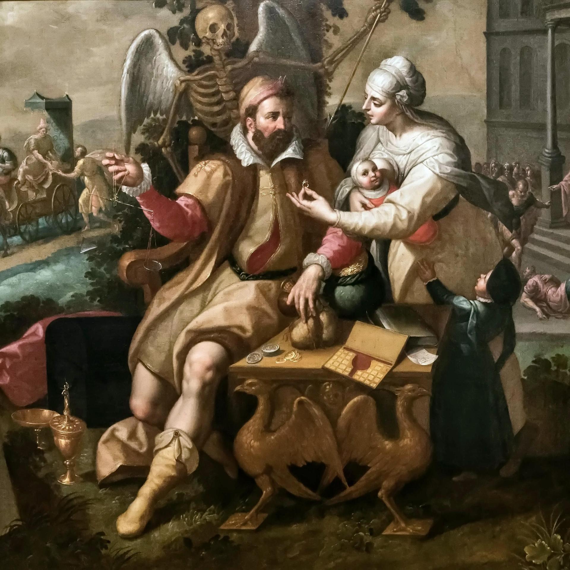 Das allegorische Gemälde "Die sieben Todsünden: Gier" zeigt einen prächtig gekleideten Kaufmann, dem eine junge Frau mit Baby einen wertvollen Ring reicht.