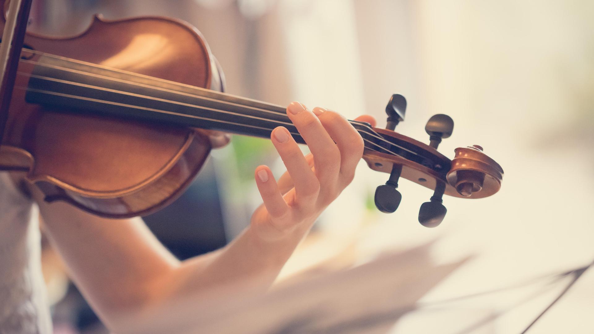 Eine junge Frau spielt Violine. Das Foto zeigt ihren linken Arm und linke Hand, die die Geige halten Eine junge Frau spielt Violine. Das Foto zeigt ihren linken Arm und linke Hand, die die Geige halten