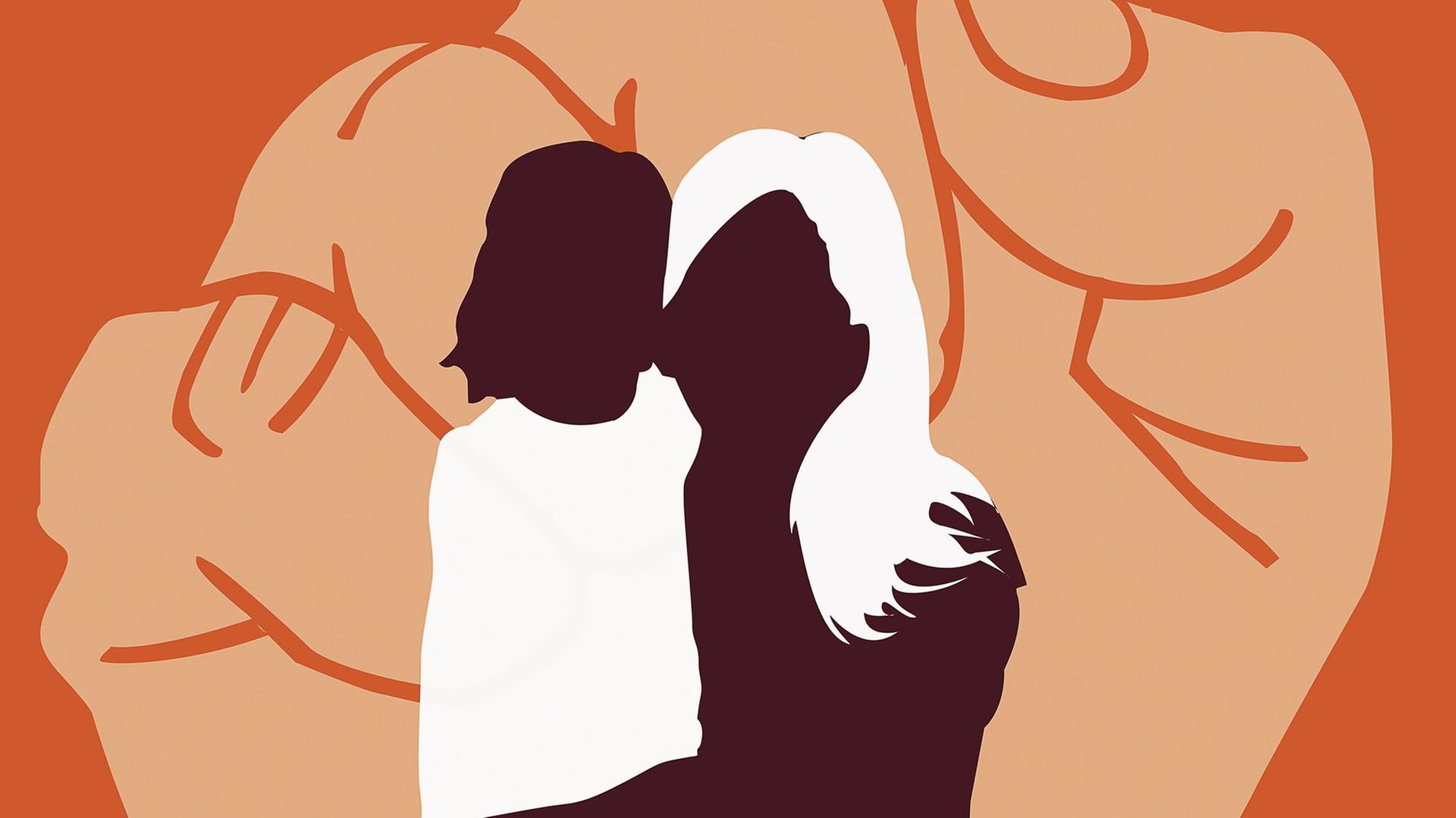 Illustration: Mutter und Kind mit großer Faust im Hintergrund. Illustration: Mutter und Kind mit großer Faust im Hintergrund.