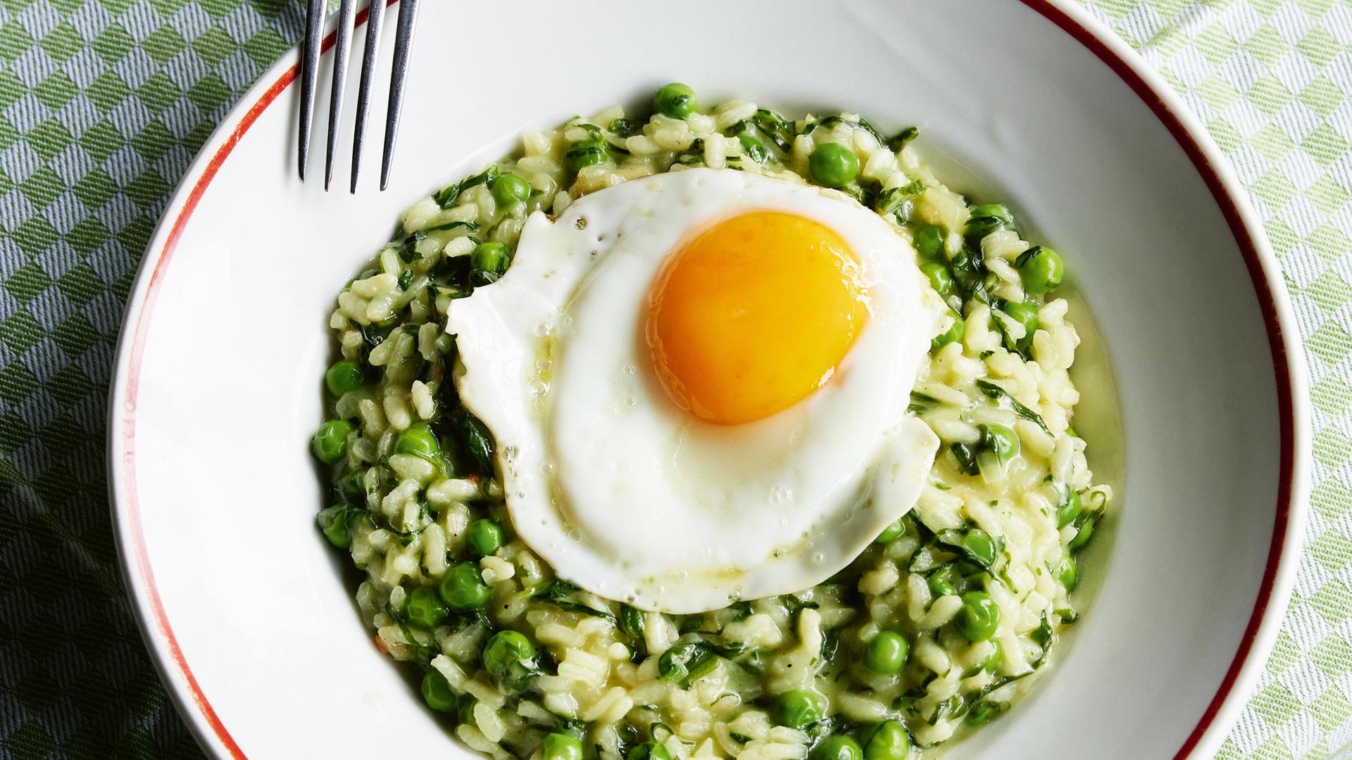 Ein Teller mit grünem Risotto. Darauf liegt ein Spiegelei. Auf dem Tellerrand liegen die Zinken einer Gabel. Ein Teller mit grünem Risotto. Darauf liegt ein Spiegelei. Auf dem Tellerrand liegen die Zinken einer Gabel.
