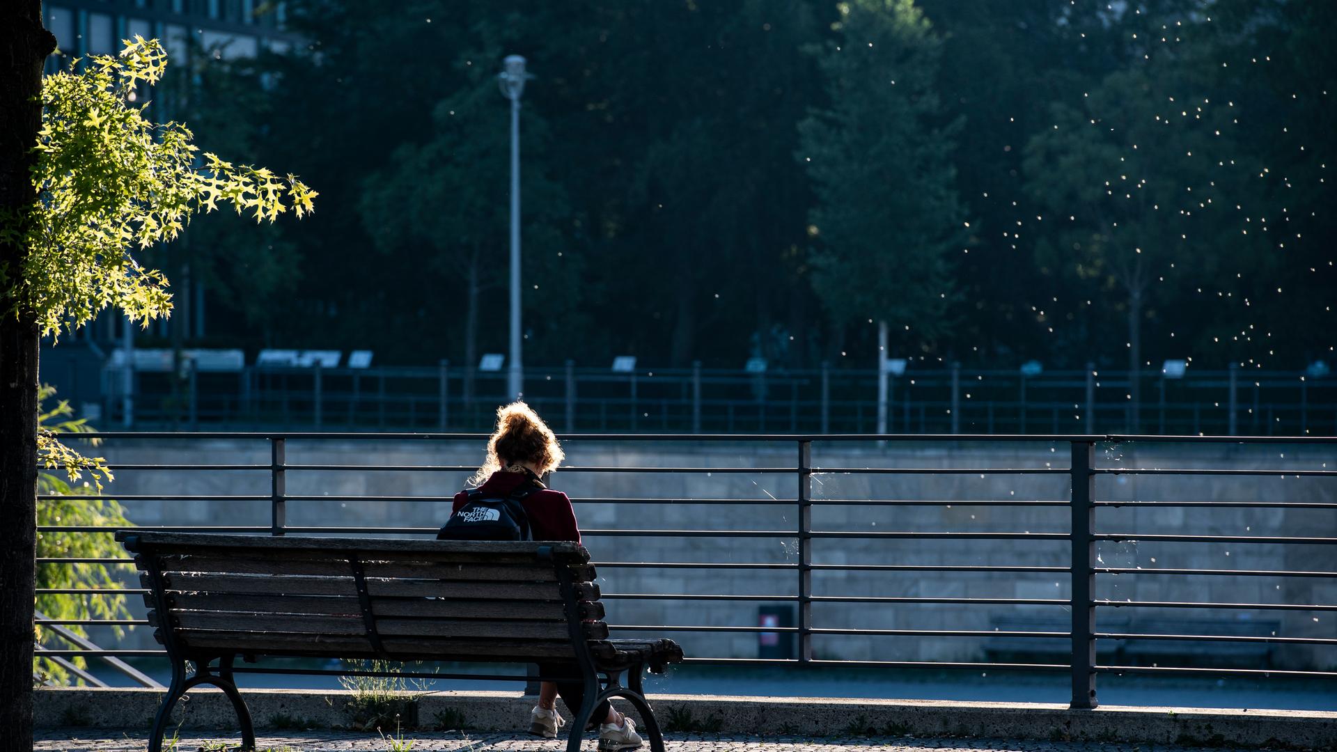 Eine Frau sitzt am Morgen allein auf einer Bank im Berliner Regierungsviertel. Sie trägt einen Rücksack. Vor ihr ist ein Fluß. Eine Frau sitzt am Morgen allein auf einer Bank im Berliner Regierungsviertel. Sie trägt einen Rücksack. Vor ihr ist ein Fluß.