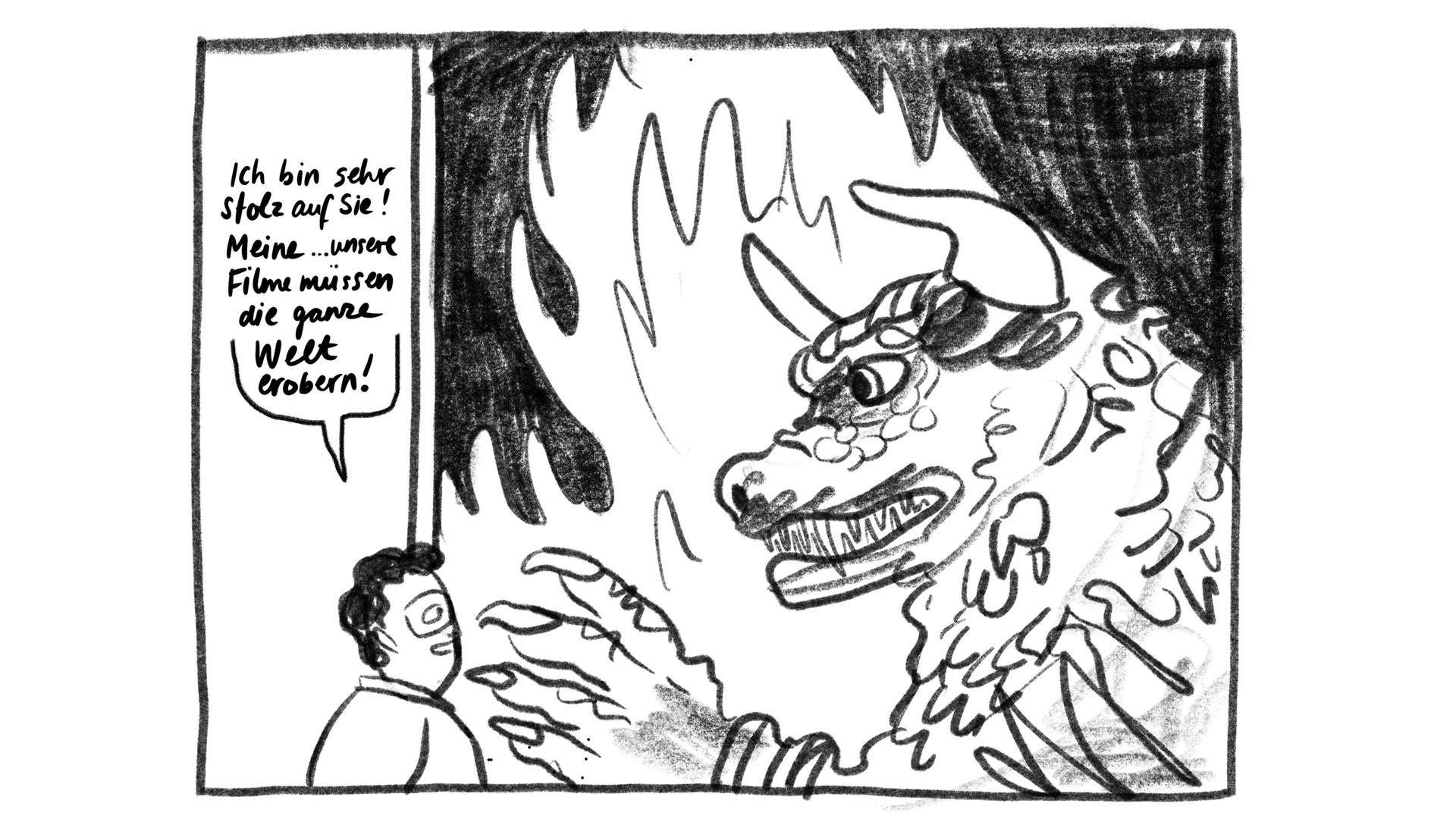 Eine Schwarz-Weiß-Illustration mit der Darstellung einer Person, die sich mit einem Monster unterhält: Auszug aus "Madame Choi und die Monster", das mit dem Comicbuchpreis 2022 ausgezeichnet wurde. Eine Schwarz-Weiß-Illustration mit der Darstellung einer Person, die sich mit einem Monster unterhält: Auszug aus "Madame Choi und die Monster", das mit dem Comicbuchpreis 2022 ausgezeichnet wurde.