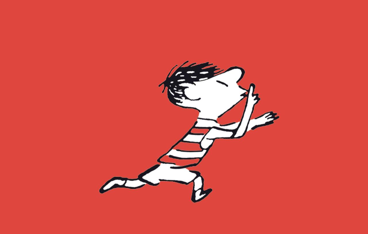 Eine Comic-Zeichnung von Jean-Jacques Sempé: ein rennender Junge hält einen Finger vor den Mund 
